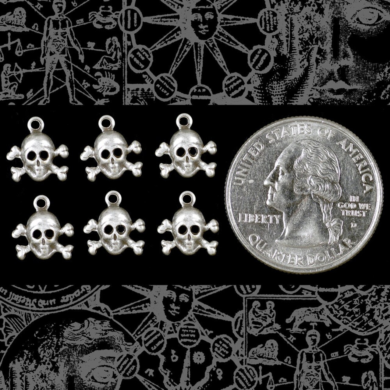 Antiqued Silver Plated Brass Mini Skull and Crossbones Charms - Set of Six - S-C178